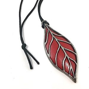 Red and Silver Leaf Pendant Necklace on Black Satin Cord